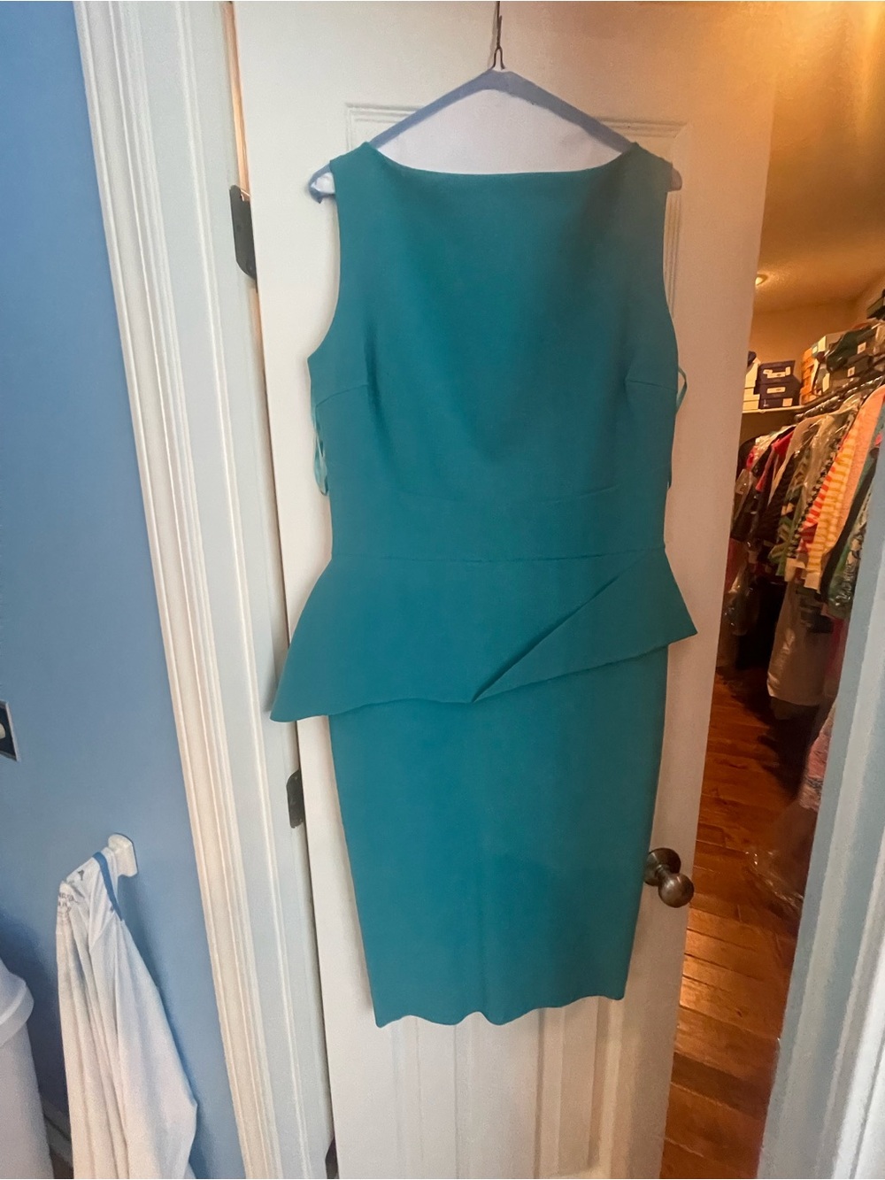 Chiara Boni Sleeveless Teal Sheath Dress with Peplum Detail